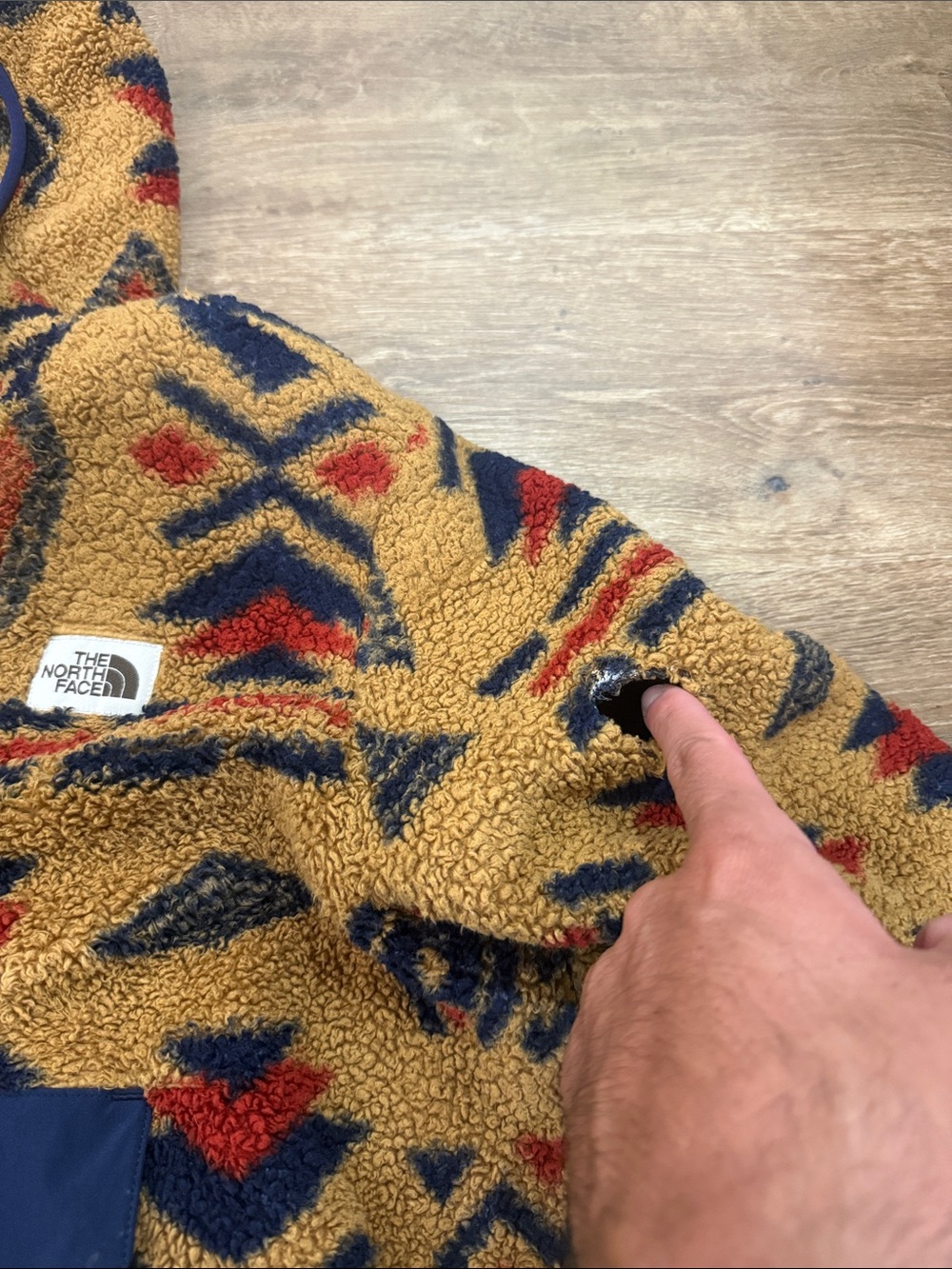 The North Face Men's Hooded Sherpa Pullover - Mustard with Navy & Red Pattern - Picture 2 of 3